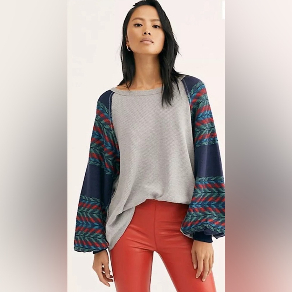 FREE PEOPLE Rainbow Dreams Pullover Knit Top Shirt Sea XS OB978656